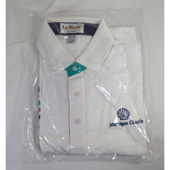 La Mode Polo Shirt Mens Large Shell Michigan Classic Embroidered White Stipes - Picture 1 of 3